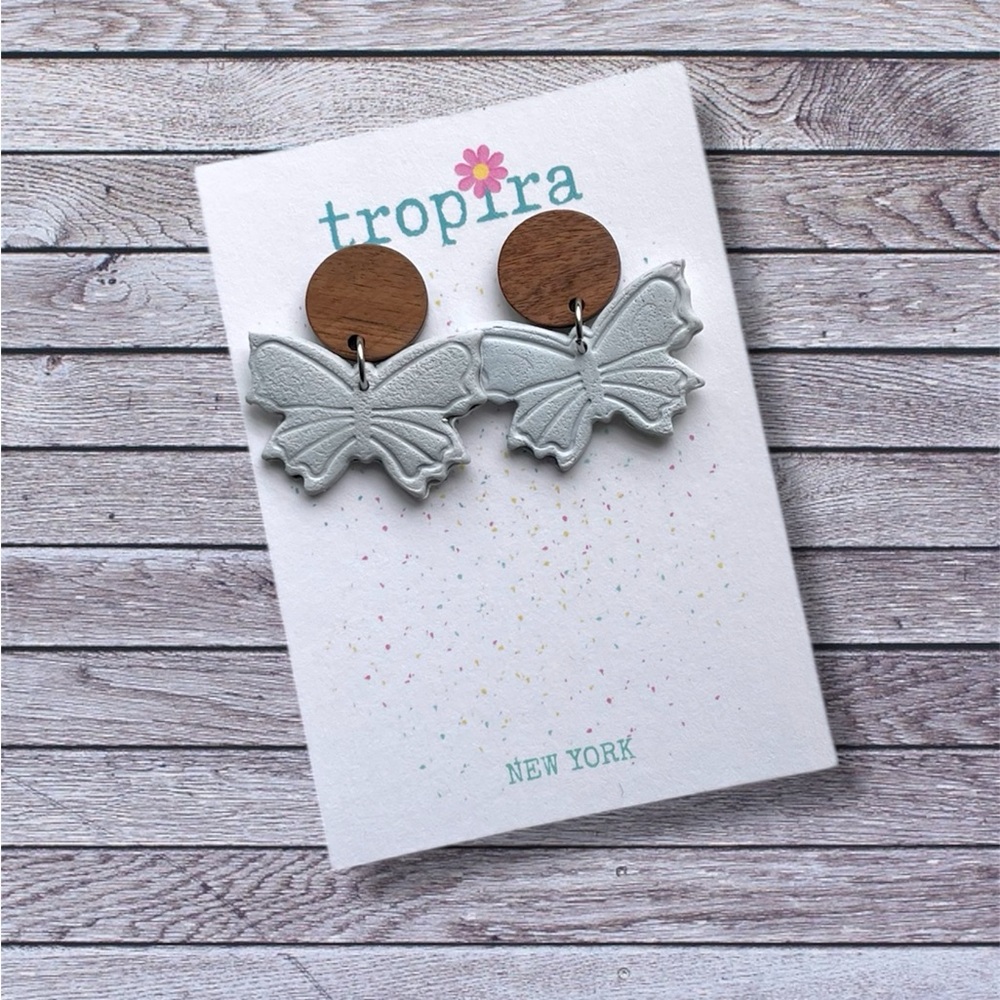 Soft Blue Silver Butterfly Polymer Clay Wooden Dangle Earrings